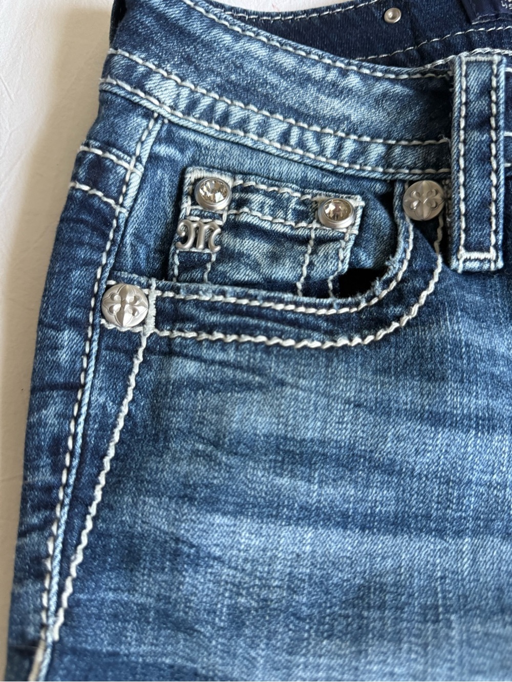 Miss Me Dark Blue Rhinestone Wing Pocket Boot Cut Jeans - Picture 3 of 5